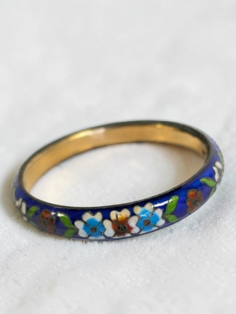 Vintage Cloisonne Bangle Bracelet Cobalt Blue Floral Boho Artisan